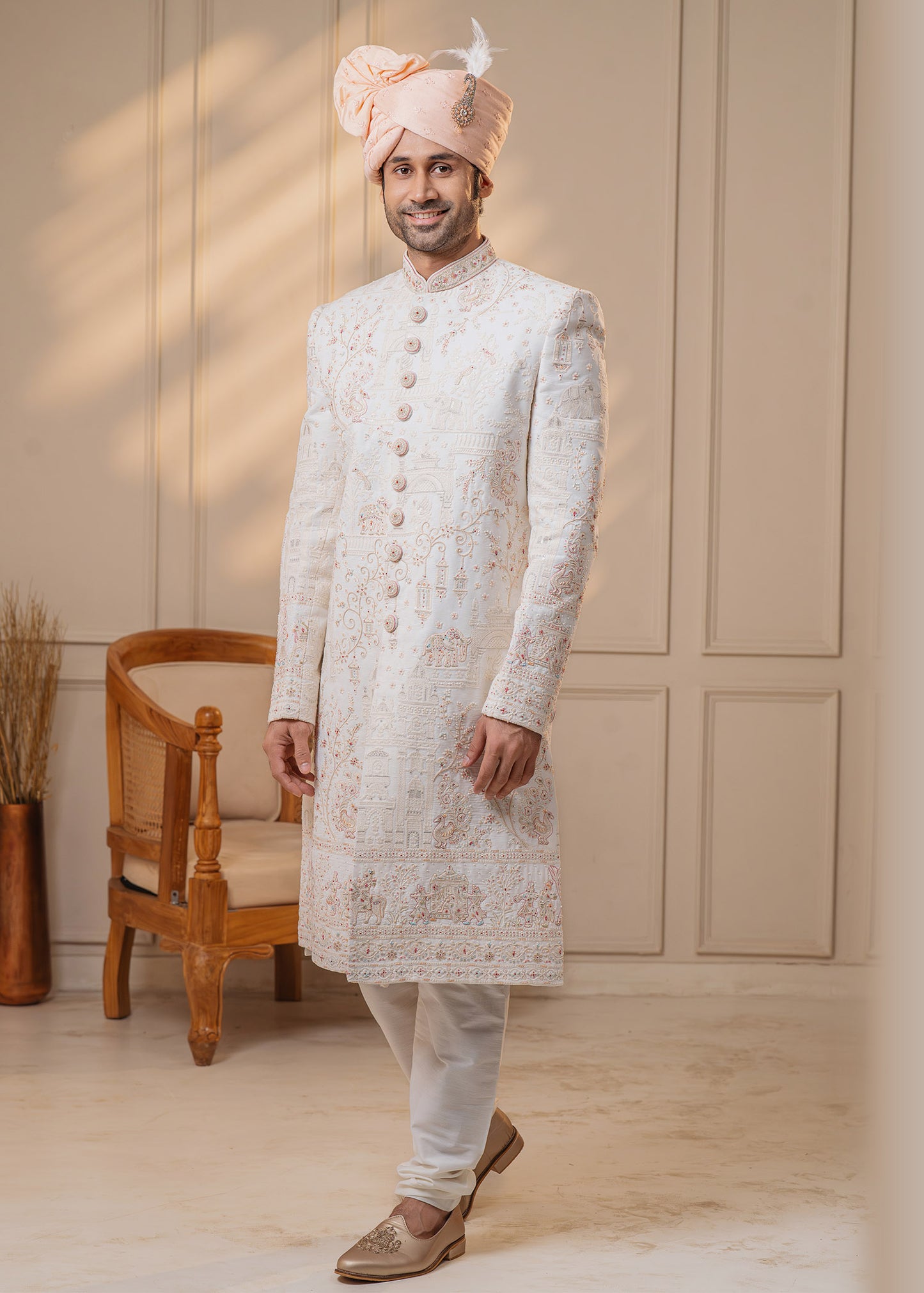 Ivory Sherwani with bead and cutdana work - Madhur