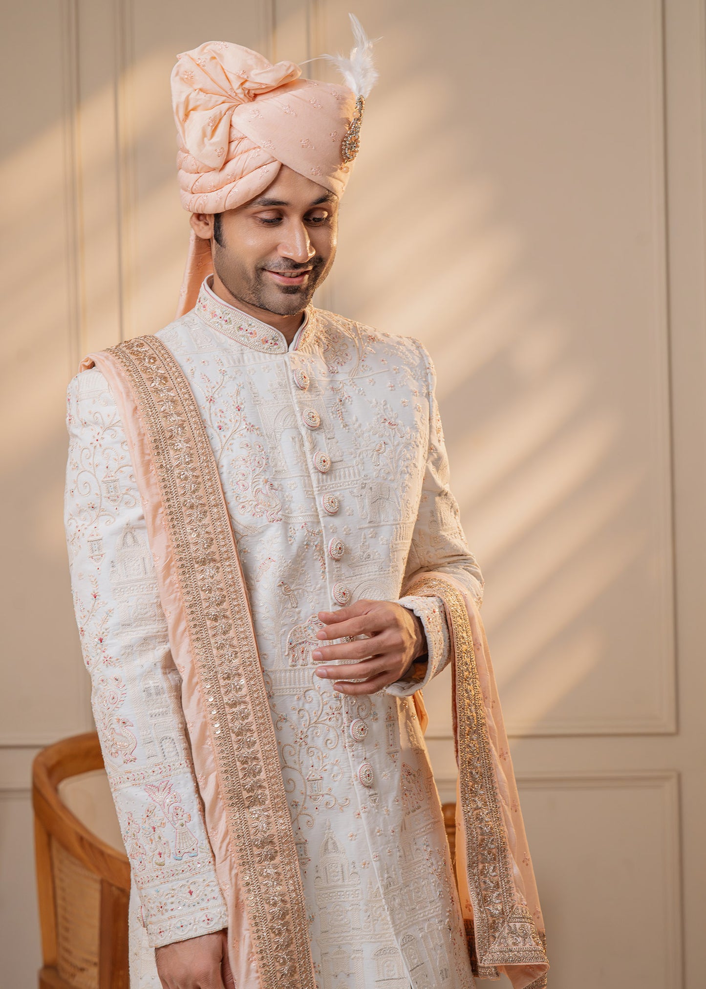 Ivory Sherwani with bead and cutdana work - Madhur