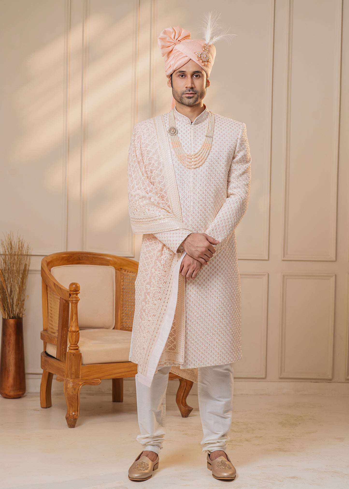 Off White Sherwani with rose gold work - Preet