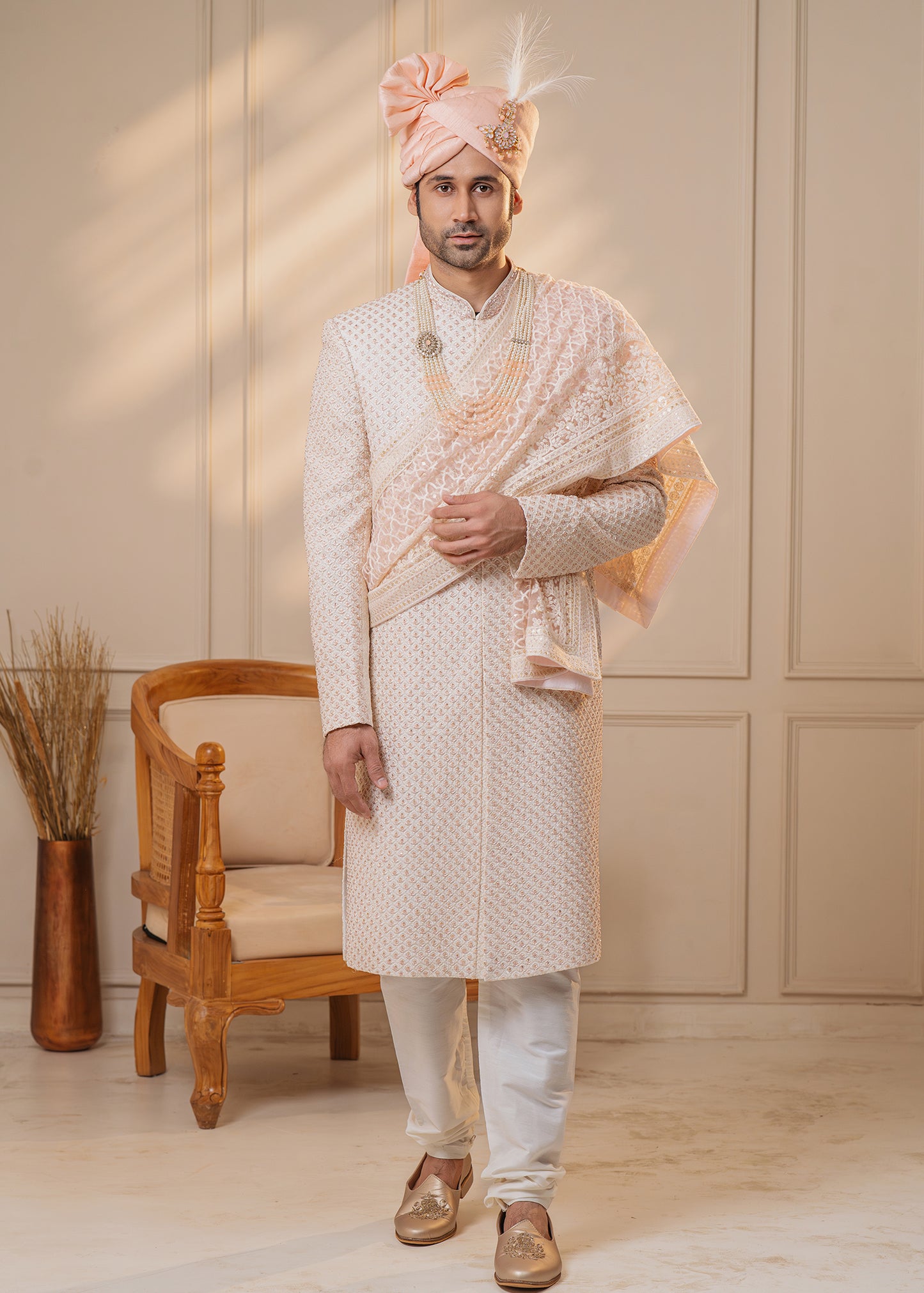 Off White Sherwani with rose gold work - Preet