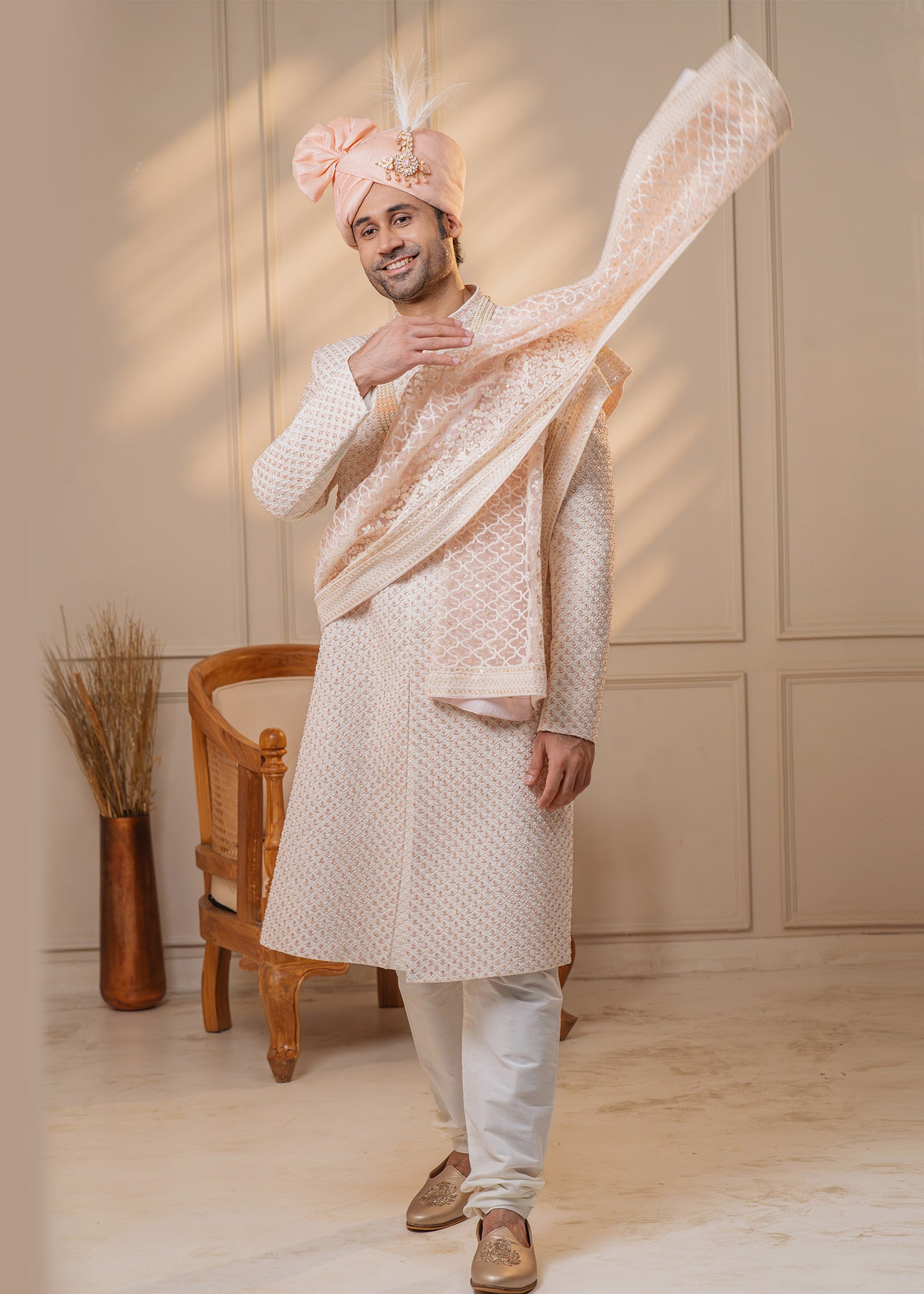 Off White Sherwani with rose gold work - Preet