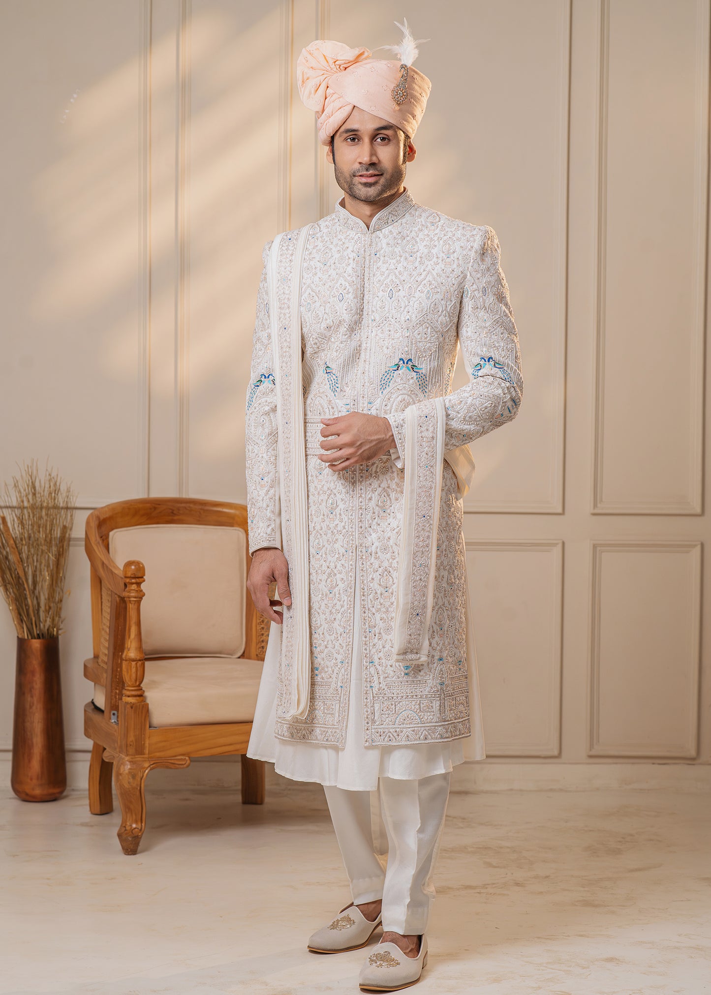 White hue Sherwani with Handwork - Mayur