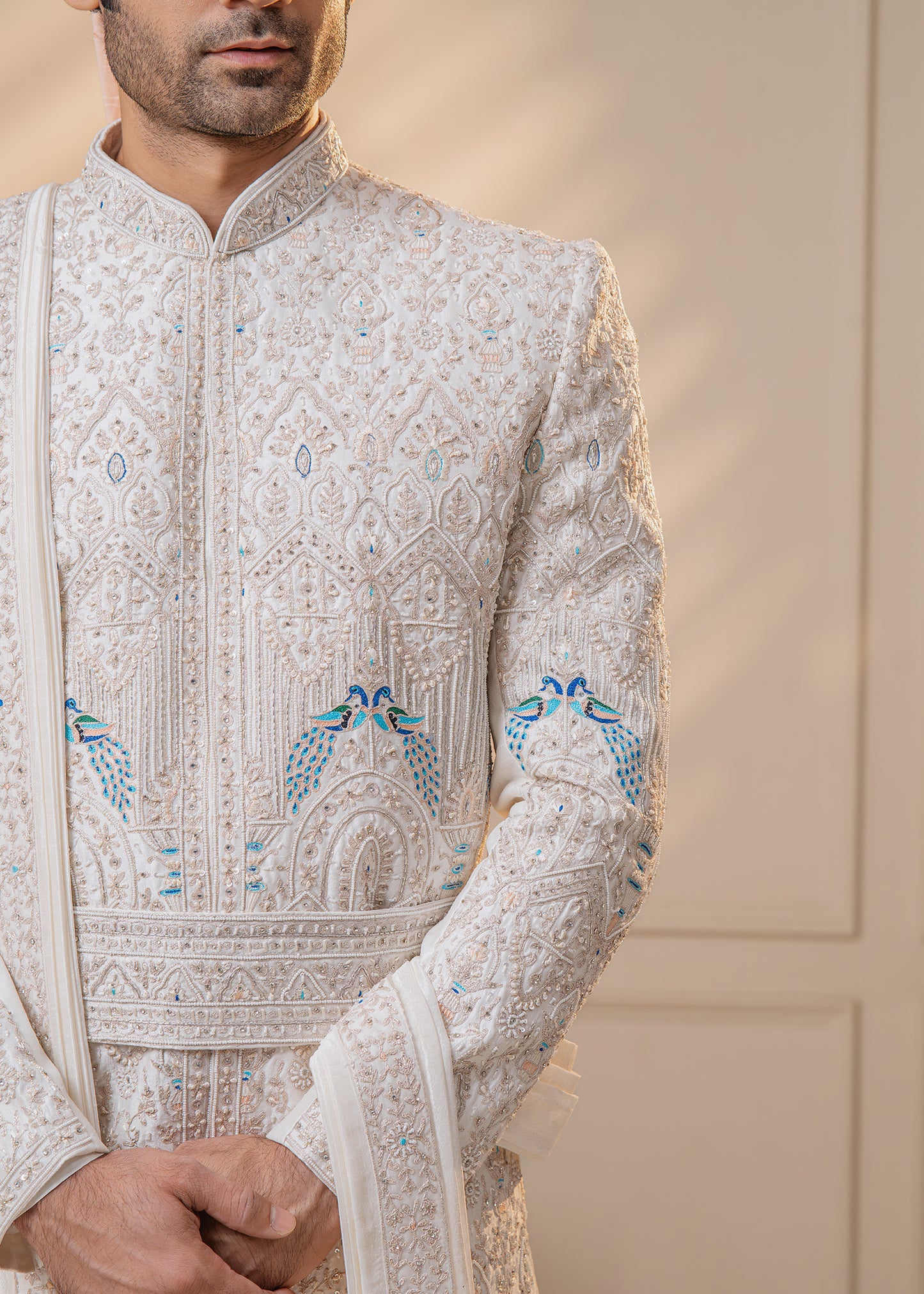 White hue Sherwani with Handwork - Mayur