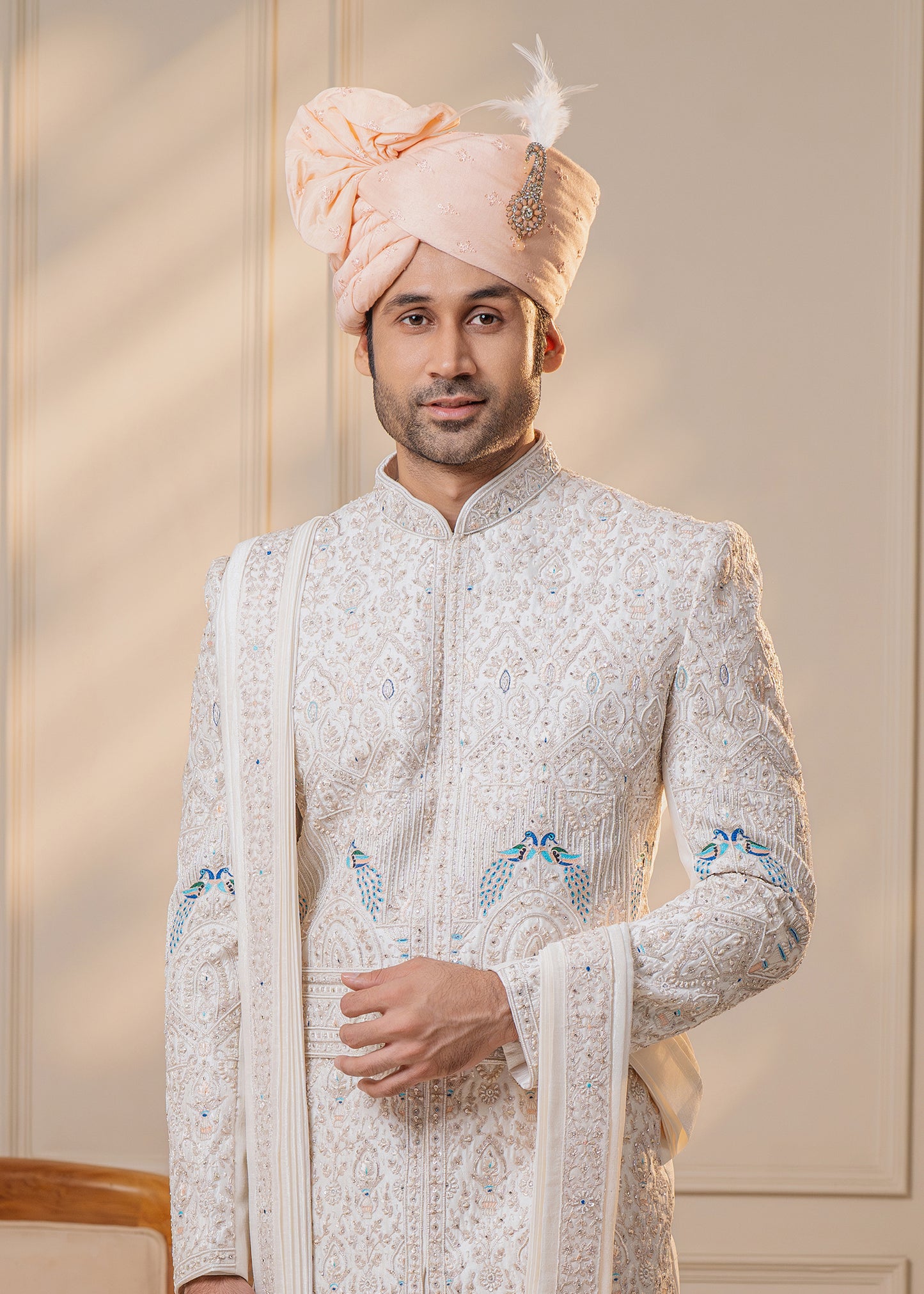 White hue Sherwani with Handwork - Mayur