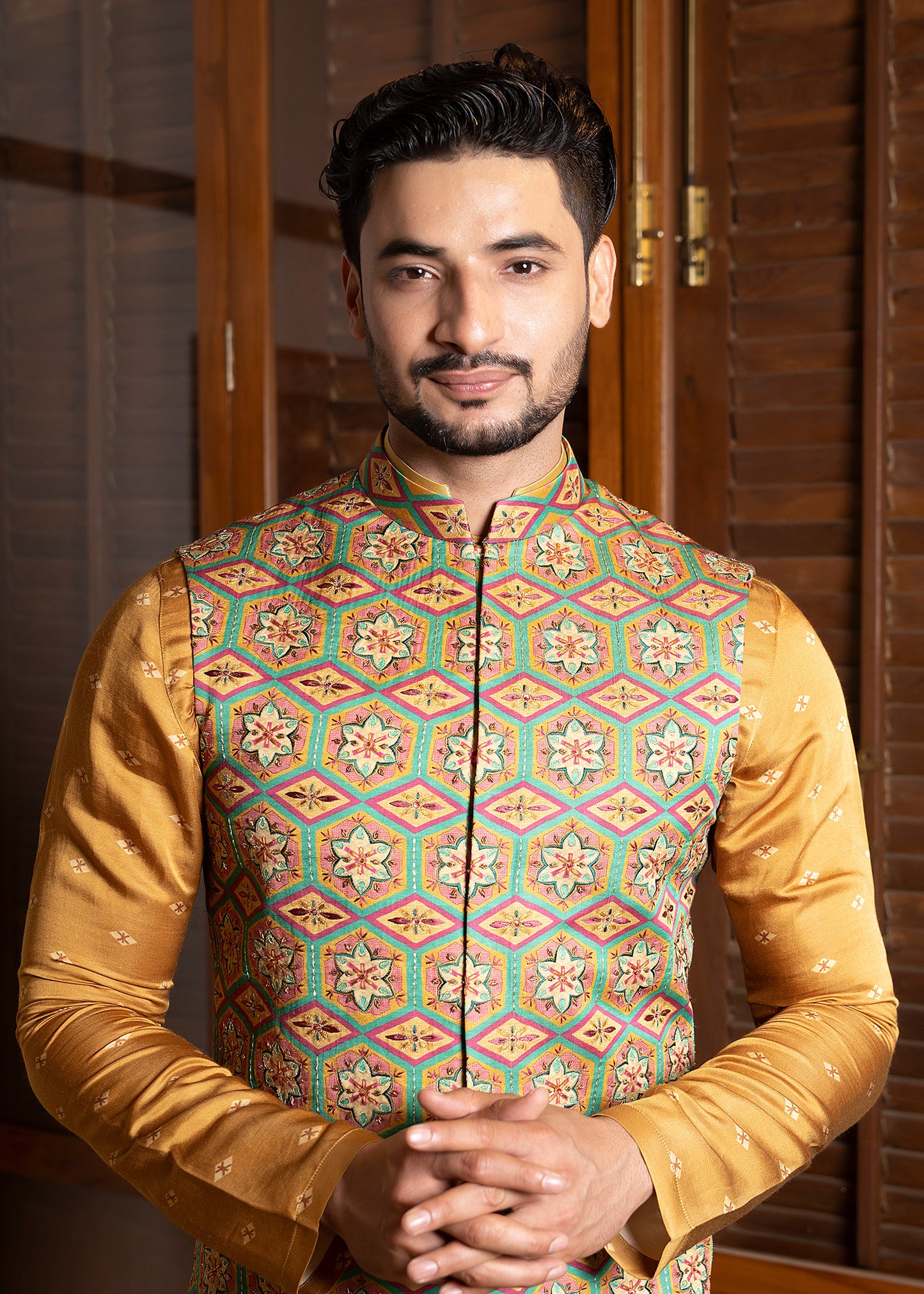 Embroidered Mustard Koti Kurta Set - Royal Rays