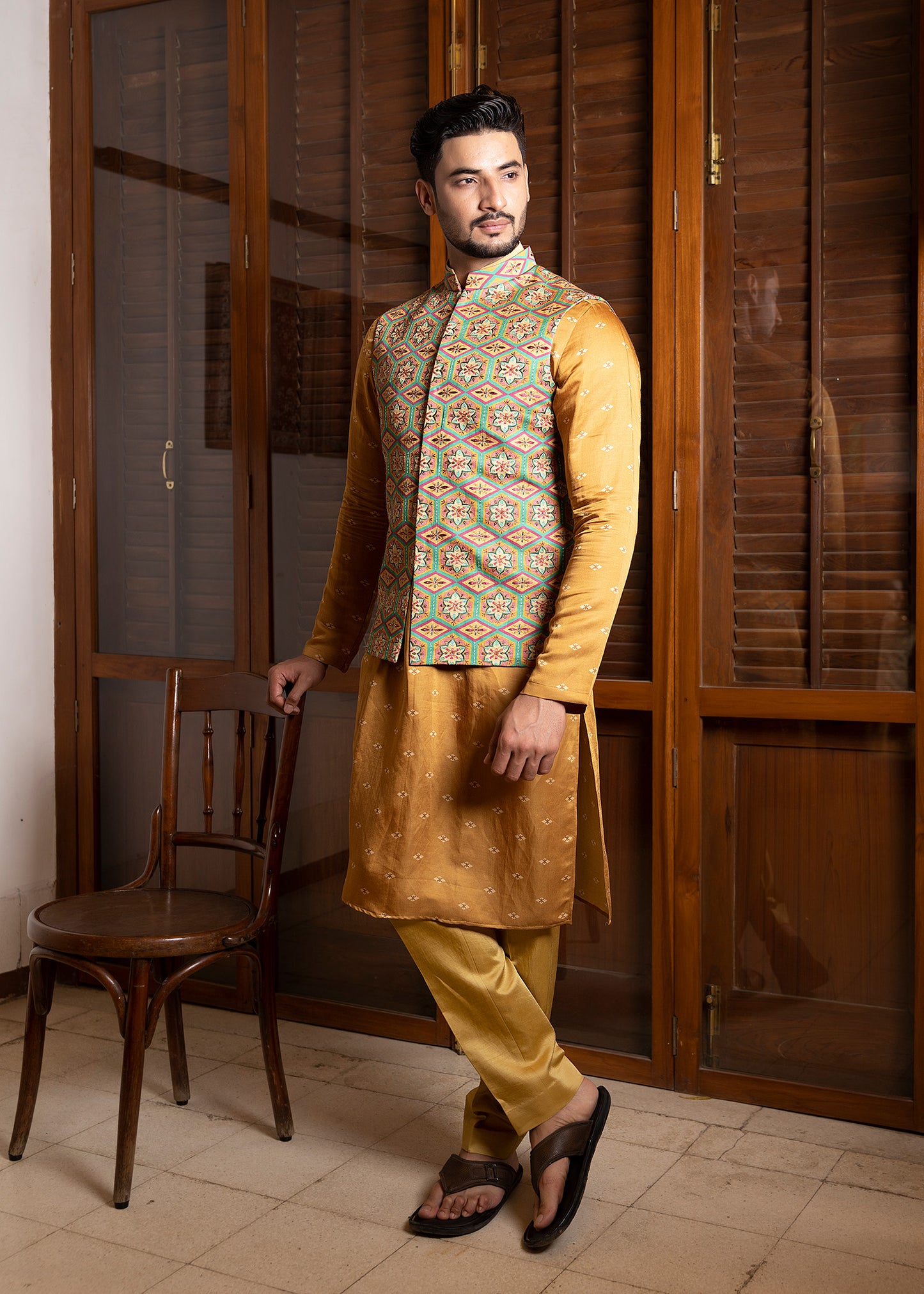 Embroidered Mustard Koti Kurta Set - Royal Rays