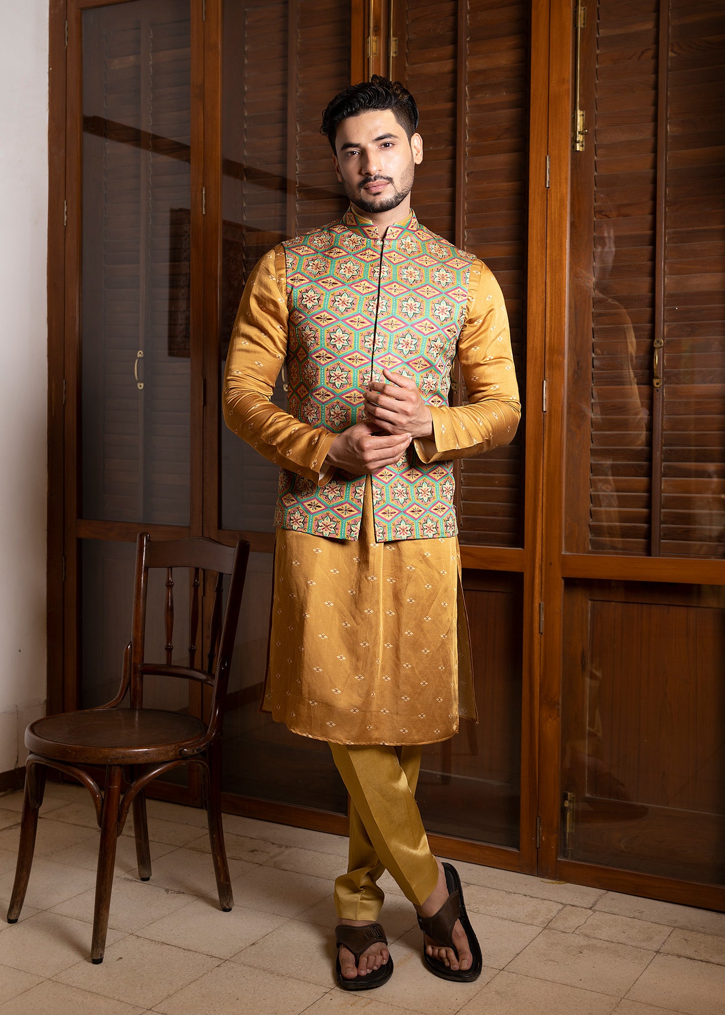 Embroidered Mustard Koti Kurta Set - Royal Rays