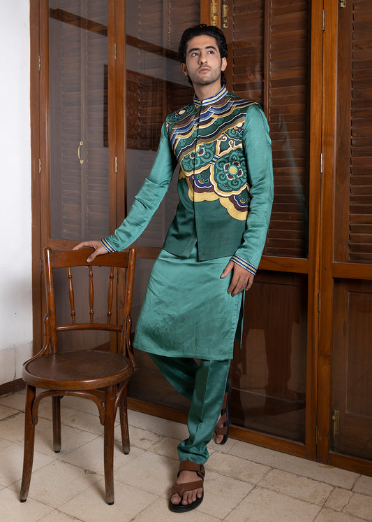 Engineered Print Koti Kurta Set - Sage