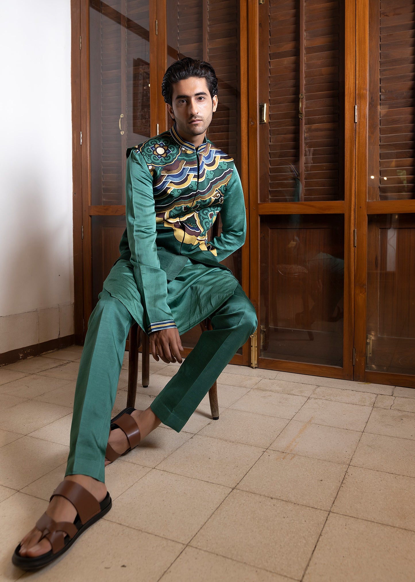 Engineered Print Koti Kurta Set - Sage