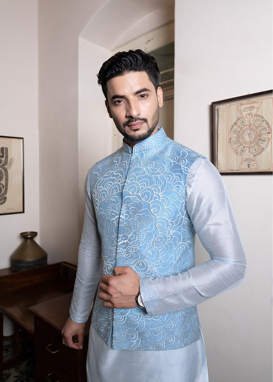 Sky Blue Corded Koti Kurta Set - Cloud Nine