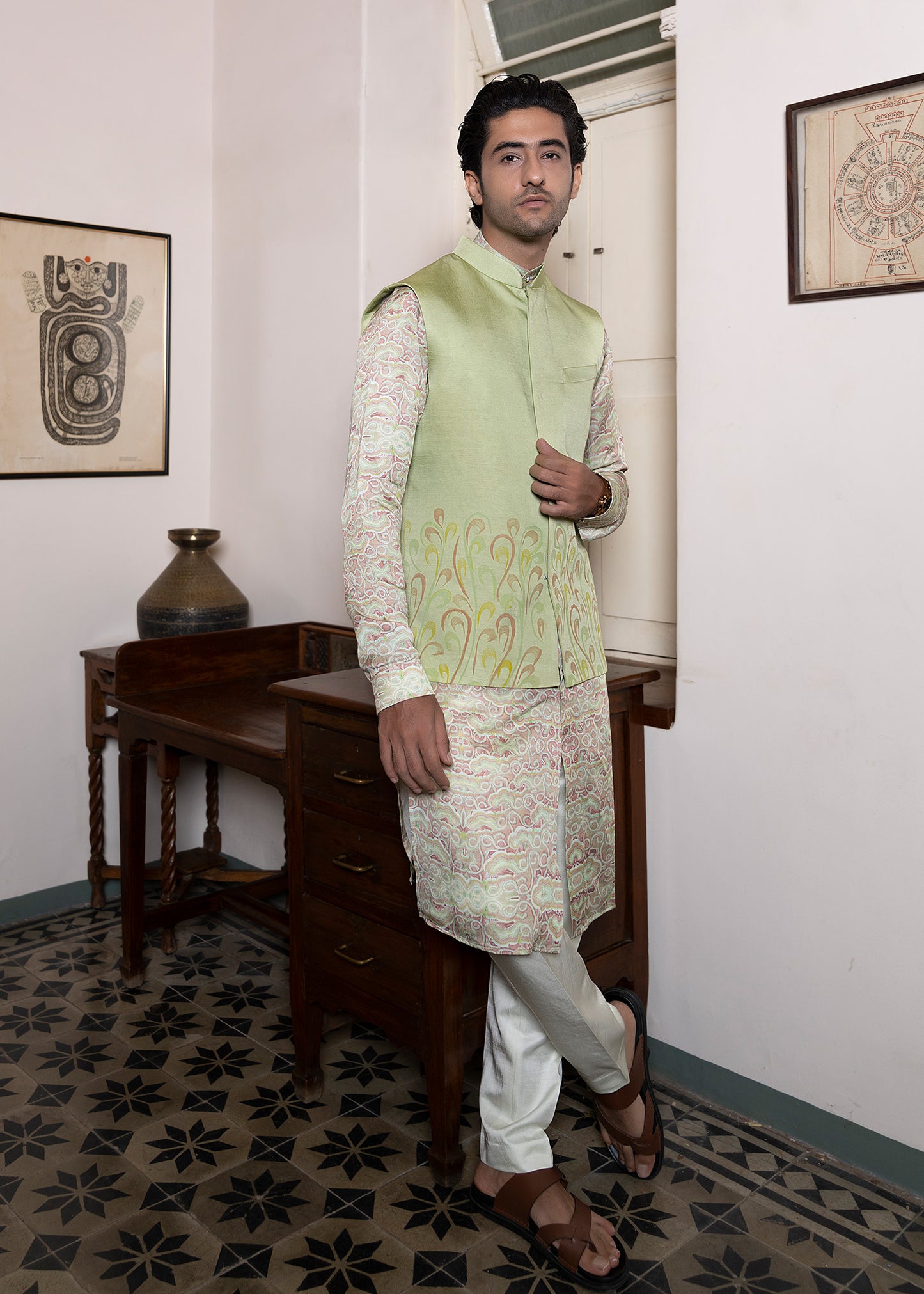 Handpaint Pastel Green Koti Kurta Set - Breeze