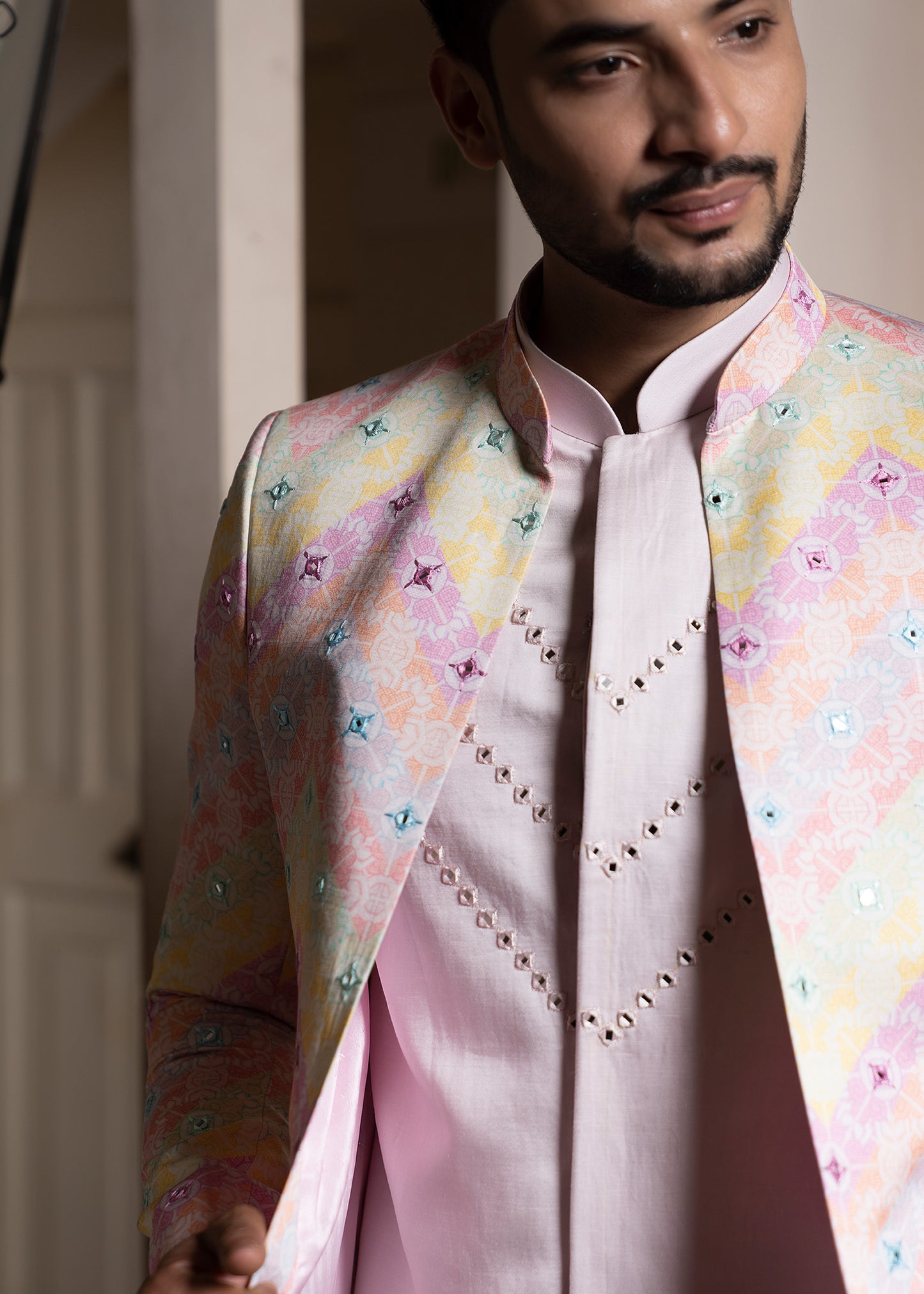 Multicolor Pastel Mirror Work Jacket Set - Pompeii