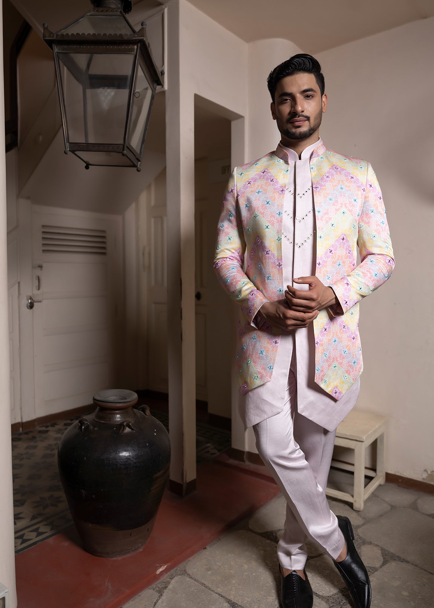 Multicolor Pastel Mirror Work Jacket Set - Pompeii