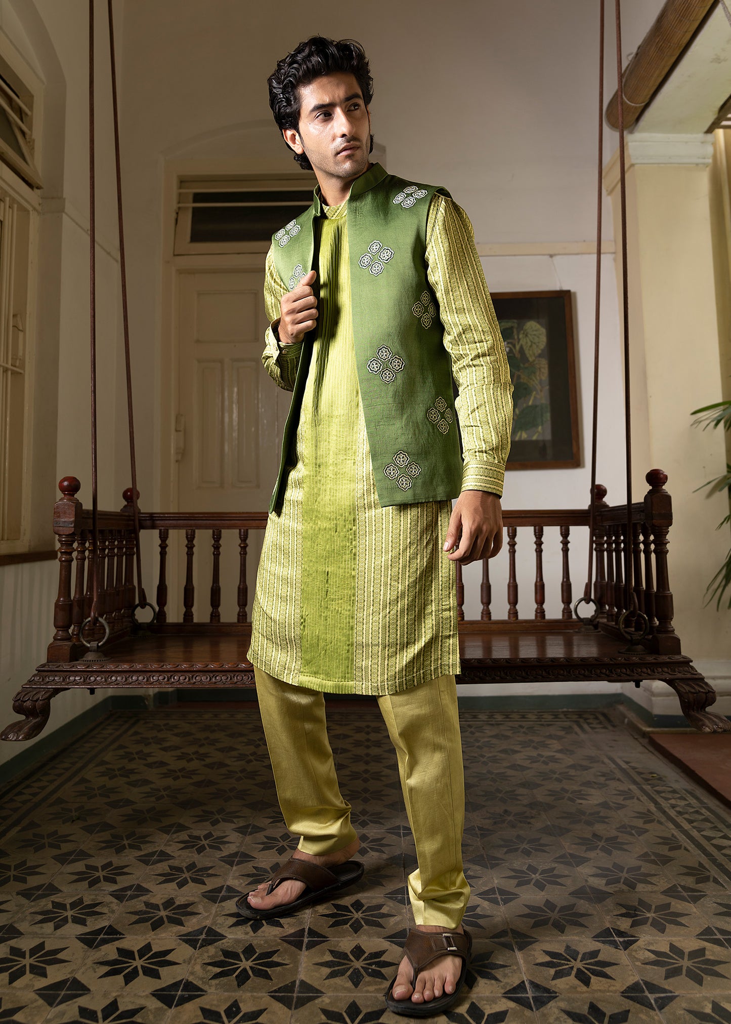 Citrus Green Dori Work Koti Kurta Set - Canopy