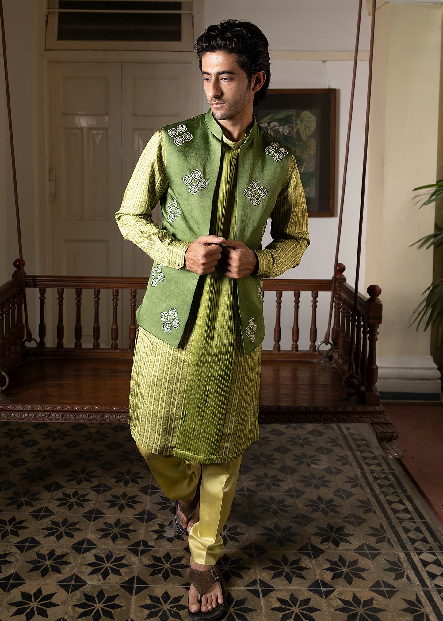 Citrus Green Dori Work Koti Kurta Set - Canopy