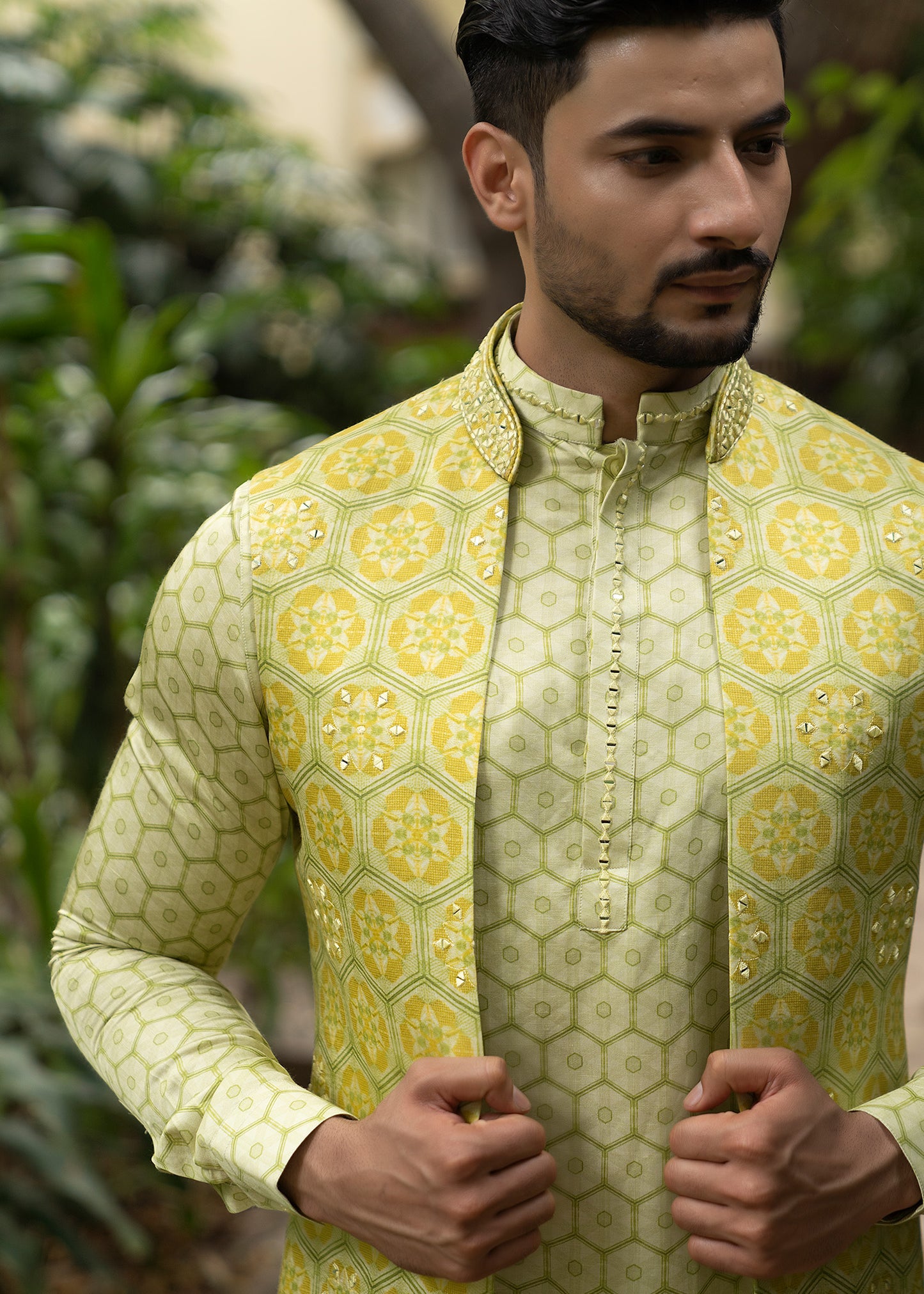 Lime Green Mirror Shrug with Kurta Set - Golden hour