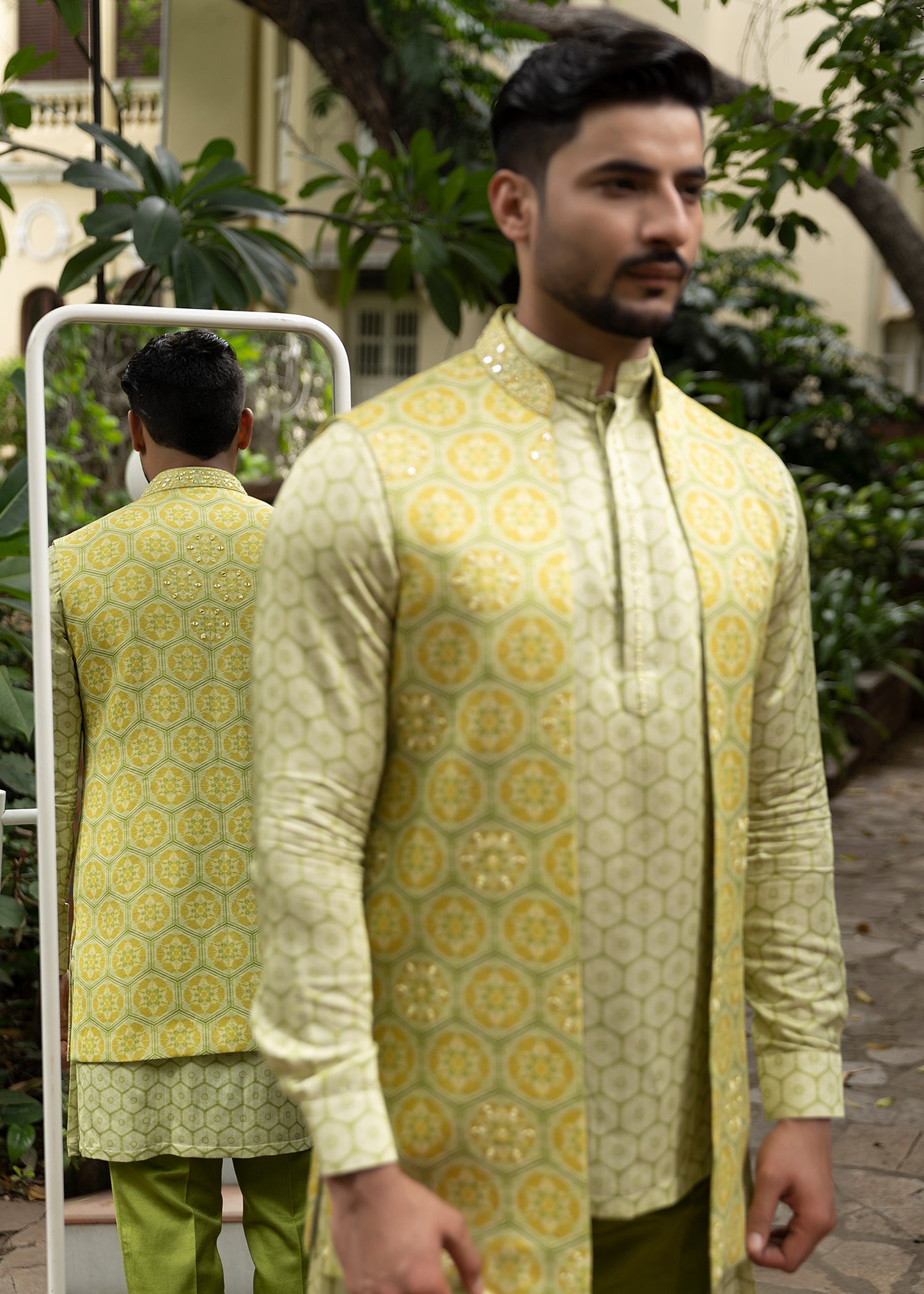 Lime Green Mirror Shrug with Kurta Set - Golden hour