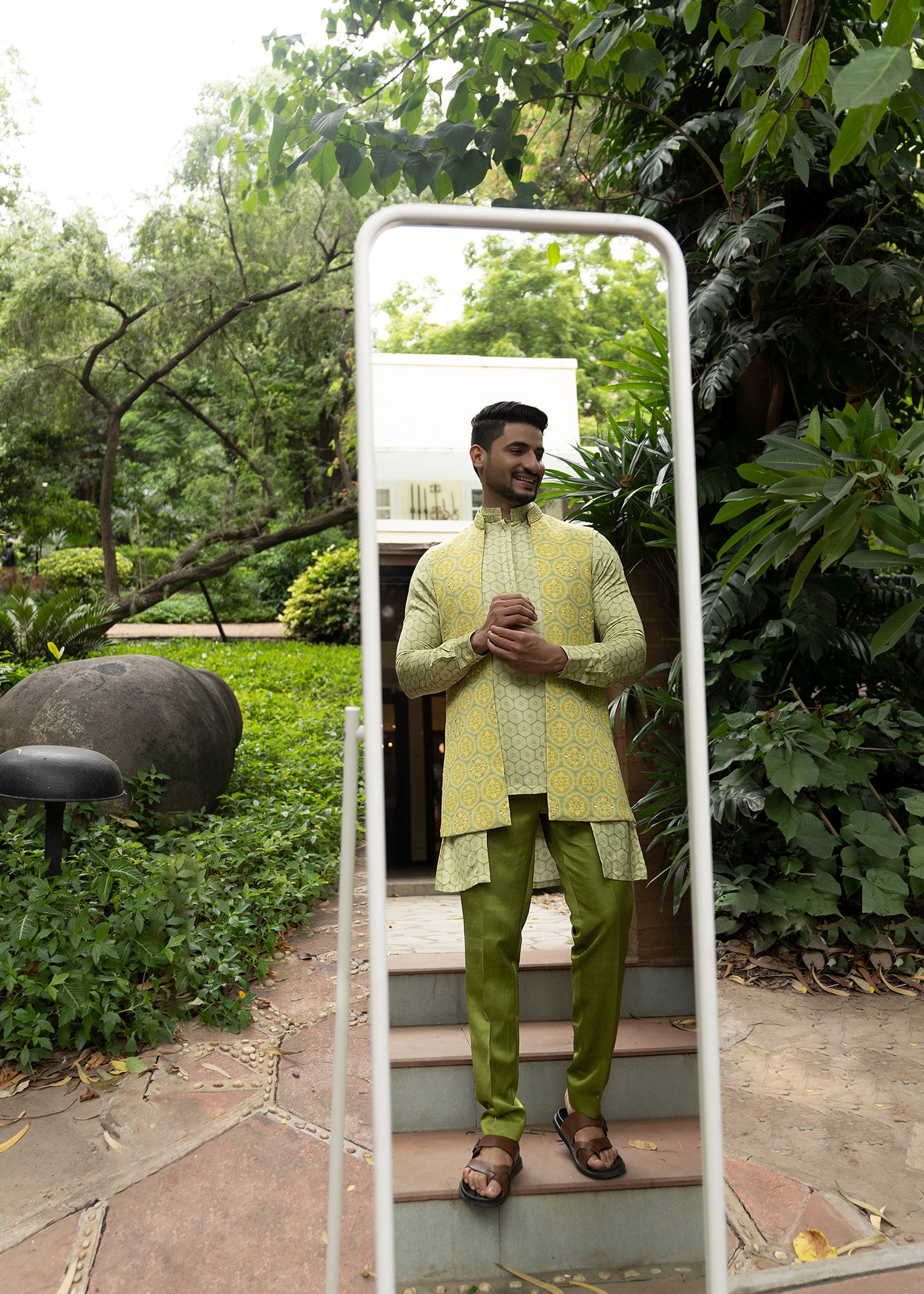 Lime Green Mirror Shrug with Kurta Set - Golden hour