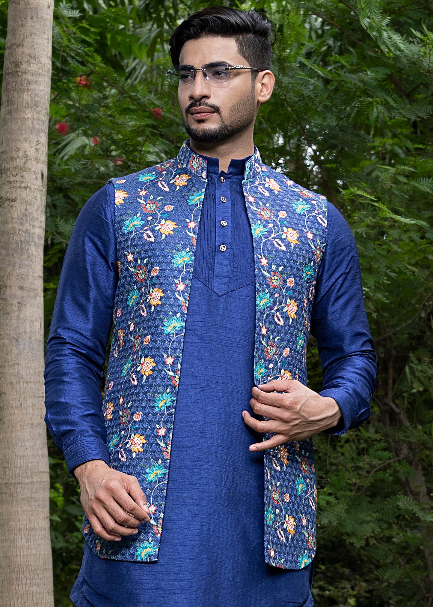 Midnight Blue Open Shrug with Kurta Set - Amay