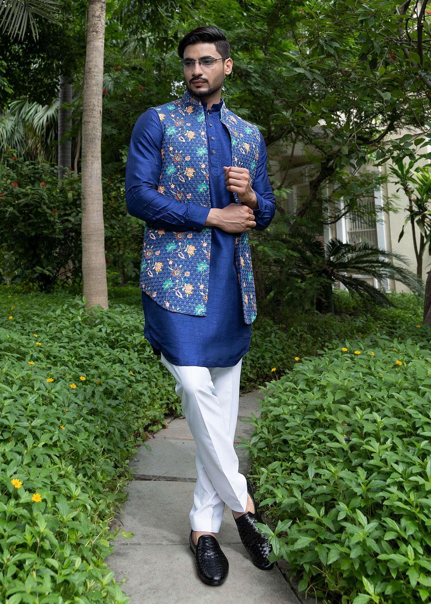 Midnight Blue Open Shrug with Kurta Set - Amay