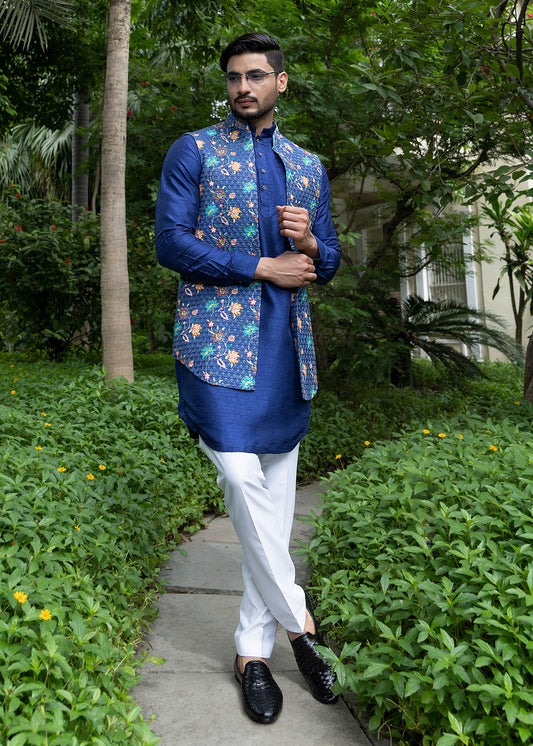 Midnight Blue Open Shrug with Kurta Set - Amay