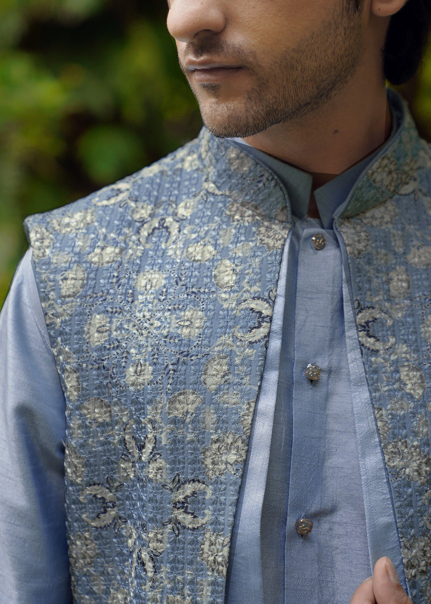 Powder Blue Thread Work Koti Kurta Set - Jalaj