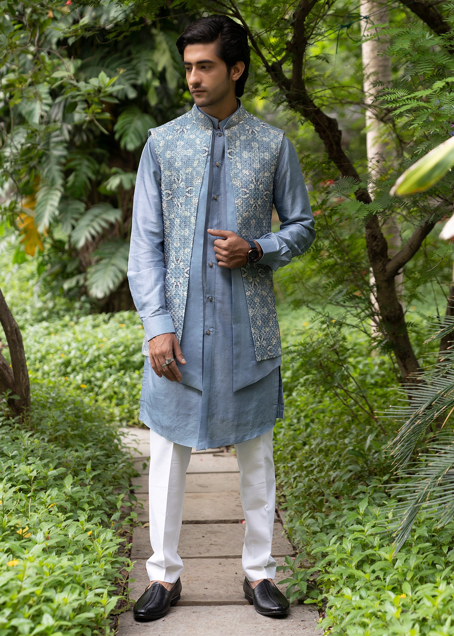 Powder Blue Thread Work Koti Kurta Set - Jalaj