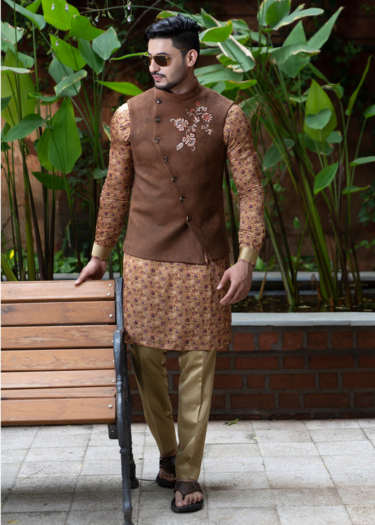 Overlap Threadwork Koti Kurta Set - Chandan Van
