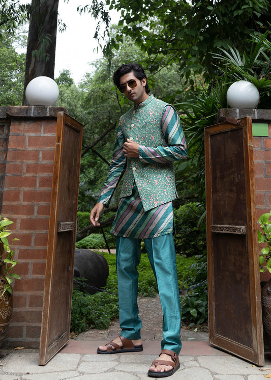 Forest Green Asymmetrical Koti Kurta Set - Ankur