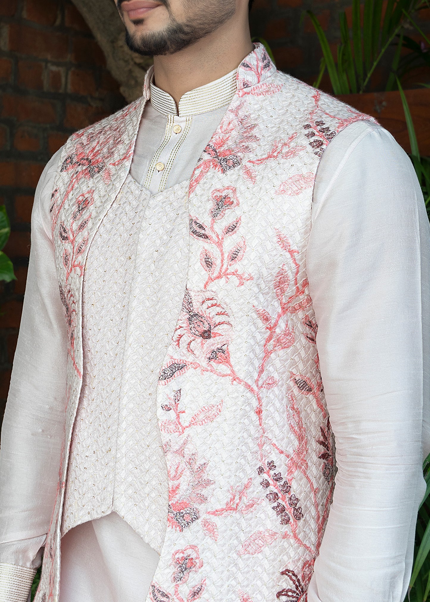 Powder Pink Thread Work Koti Kurta Set - Palash