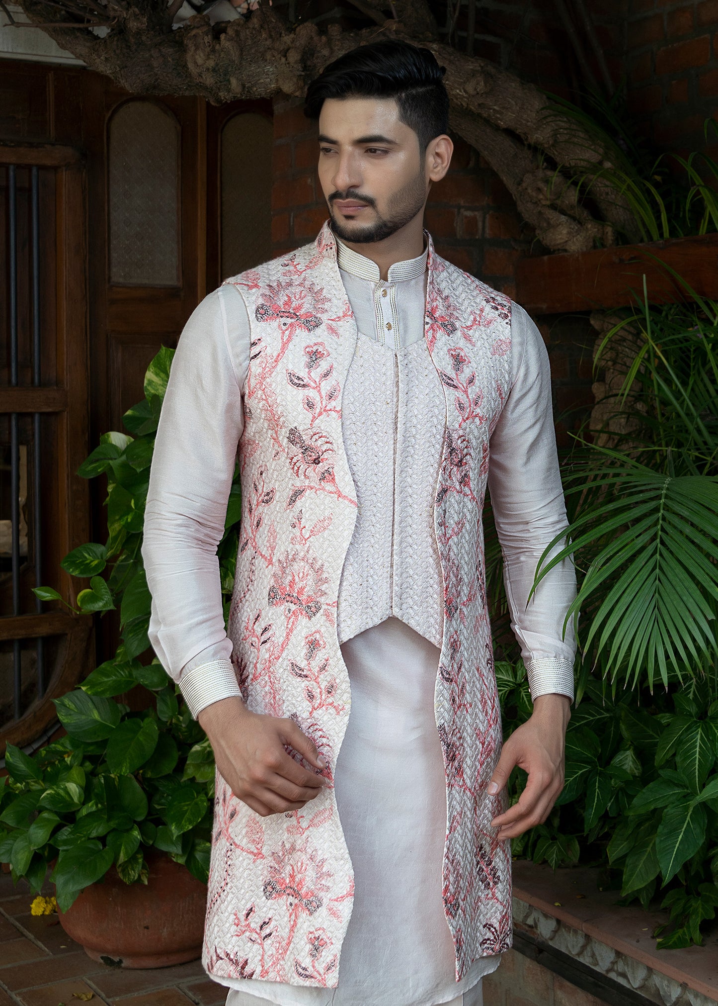 Powder Pink Thread Work Koti Kurta Set - Palash
