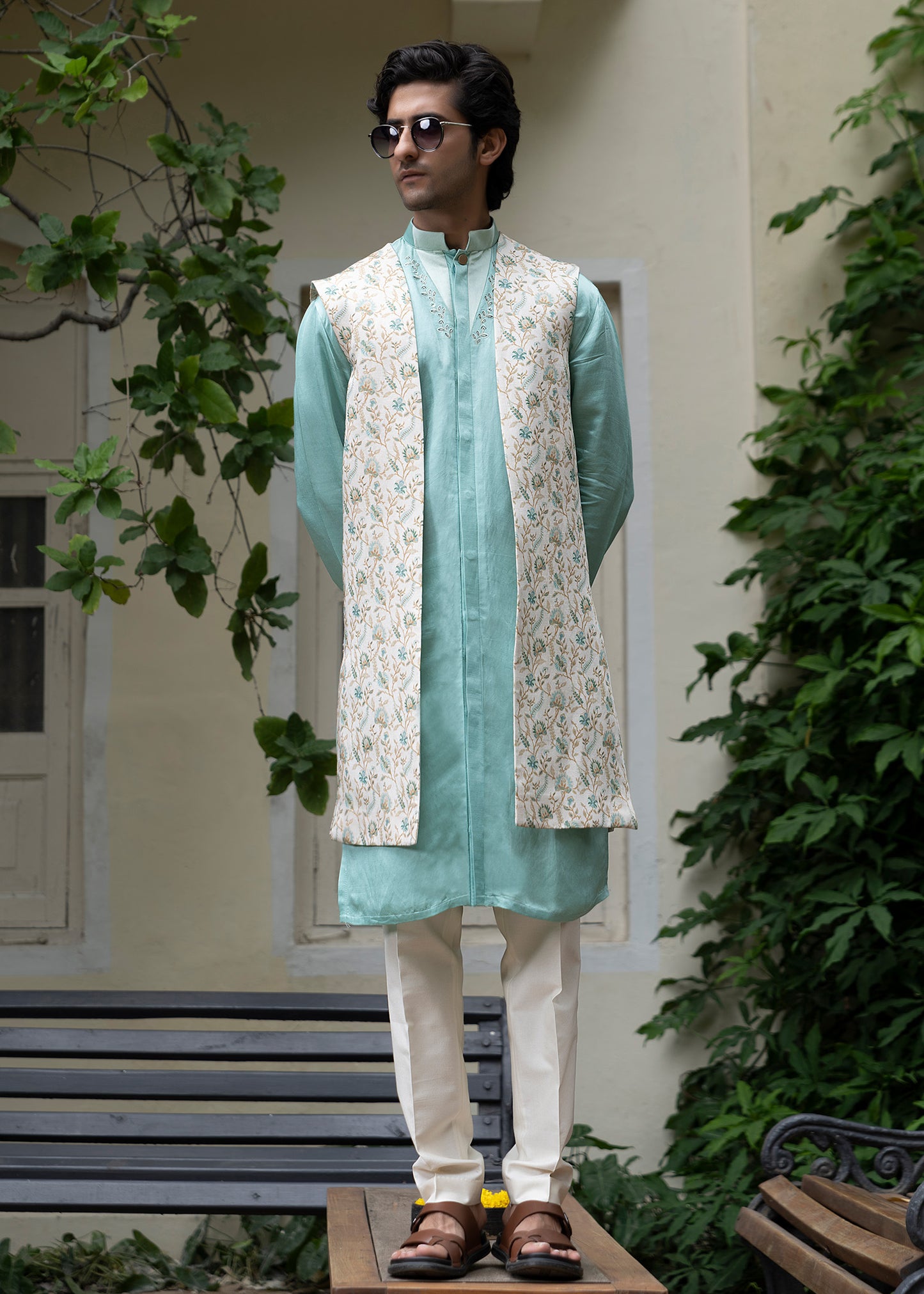Ivory Blue Open Shrug with Kurta Set - Nilgiri