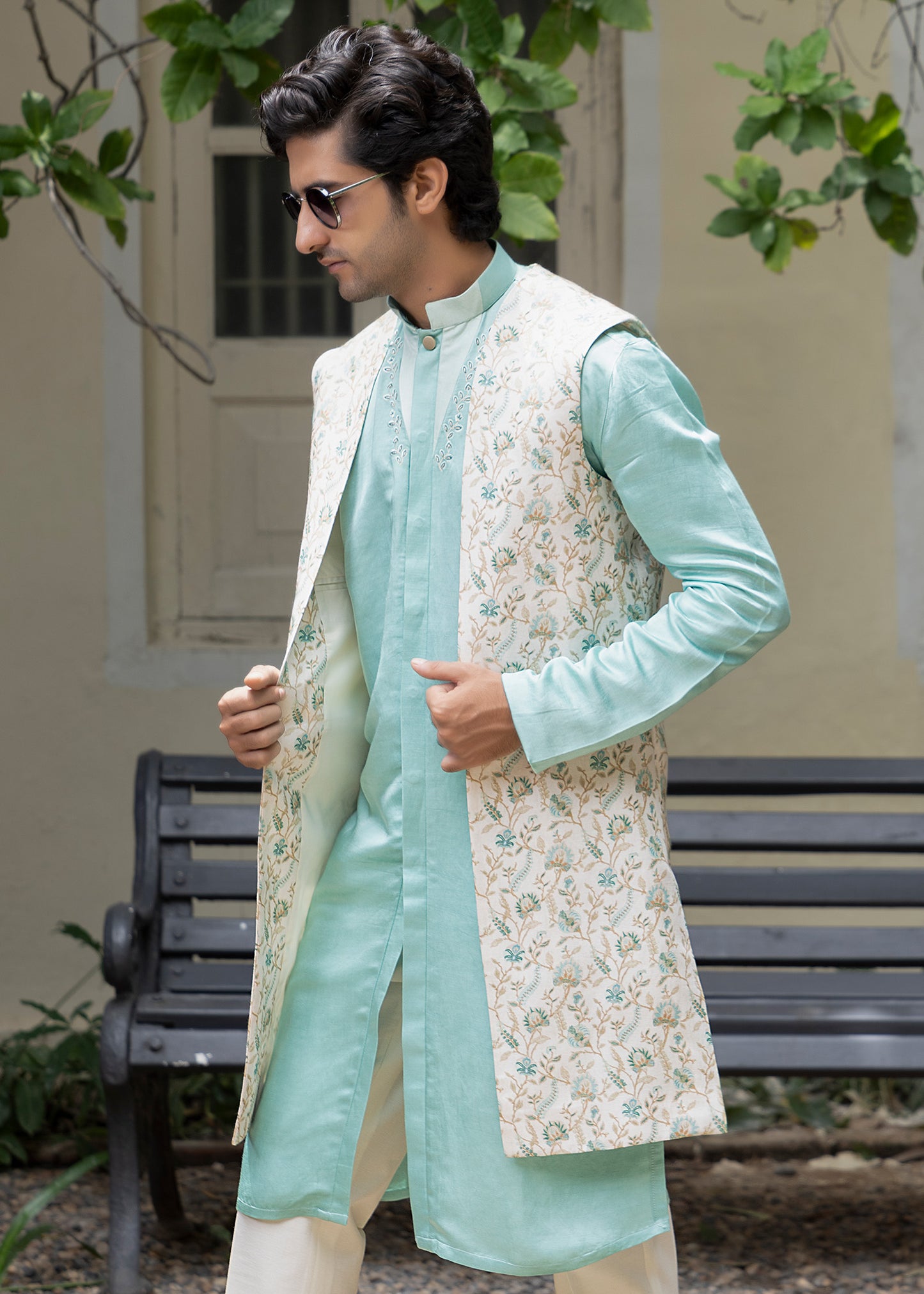 Ivory Blue Open Shrug with Kurta Set - Nilgiri