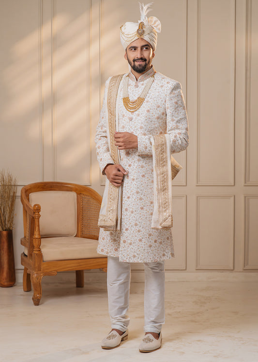 Off White Sherwani set with Handwork - Pranay