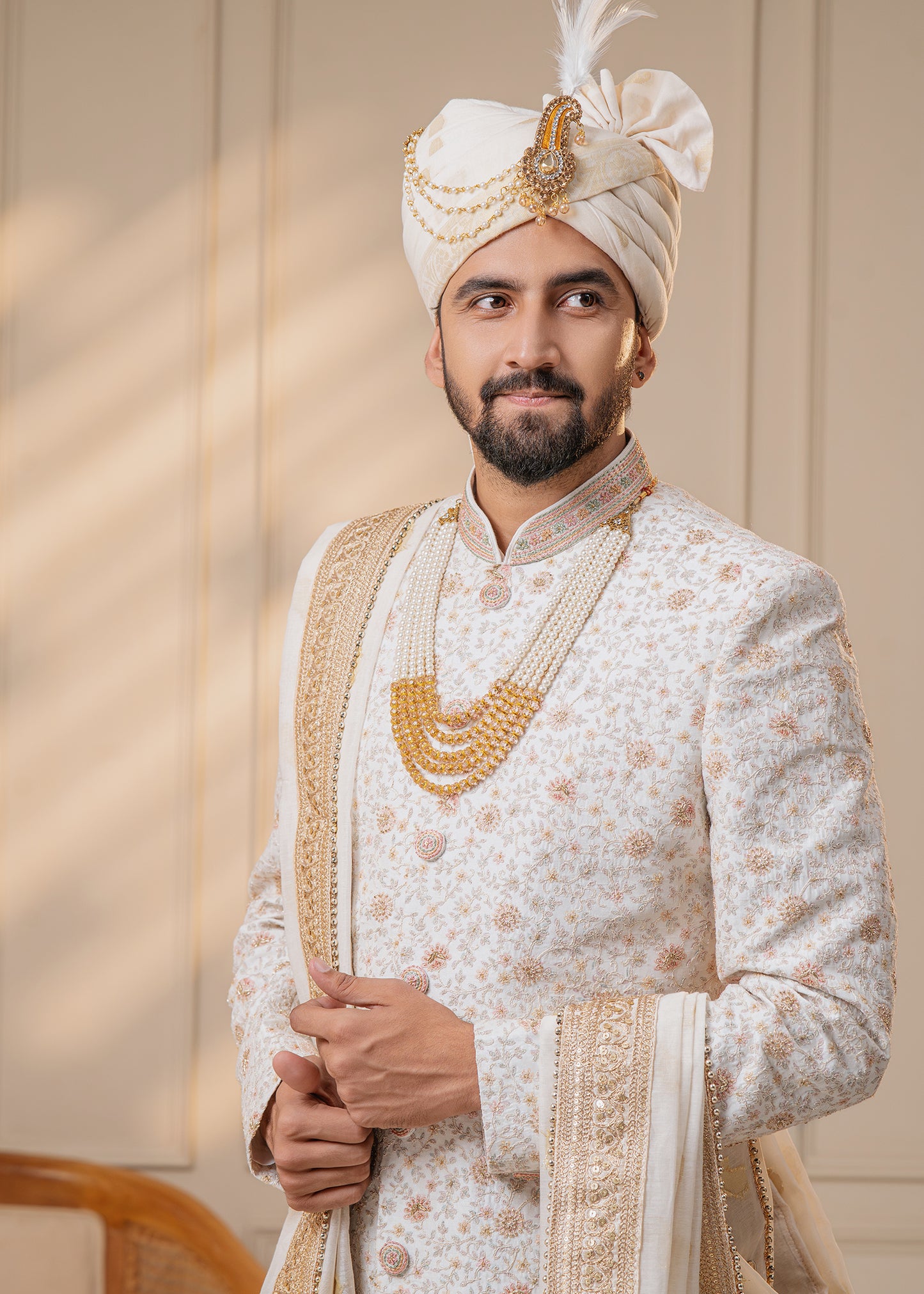 Off White Sherwani set with Handwork - Pranay