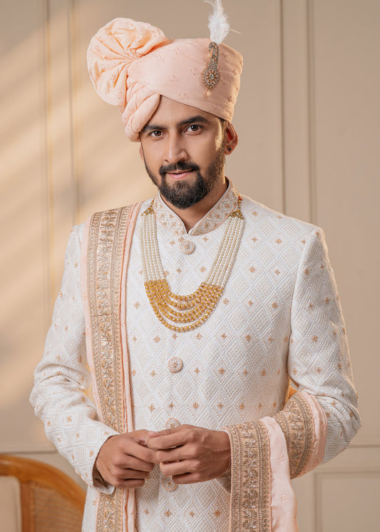 Off White Sherwani with peach accent - Mohit