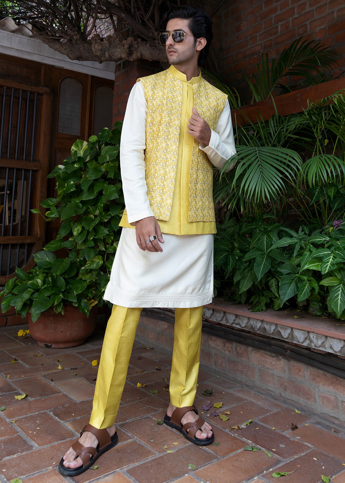 Yellow Knotwork Long Koti Kurta Set - Arun